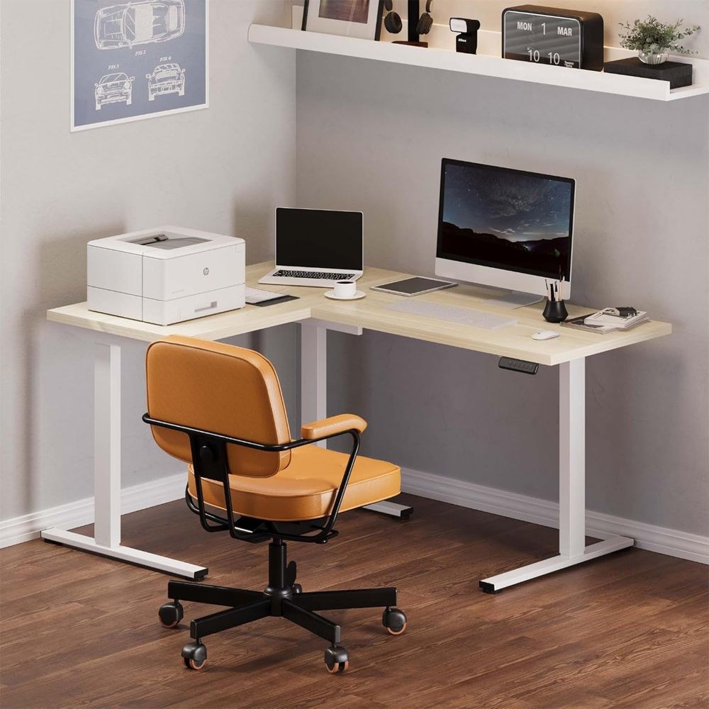 FLEXISPOT Electric Height Adjustable L-Shaped Standing Desk 63 x 47 Inch Reversible Corner with Memory Presets and Anti-Collision System Ergonomic Sit Stand Workstation for Home and Office - Maple