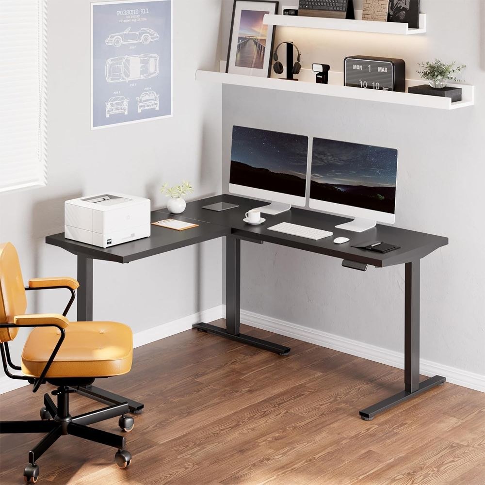 FLEXISPOT Electric Height Adjustable L-Shaped Standing Desk 63 x 55 Inch Reversible Corner with Memory Presets and Anti-Collision System Ergonomic Sit Stand Workstation for Home and Office - Black