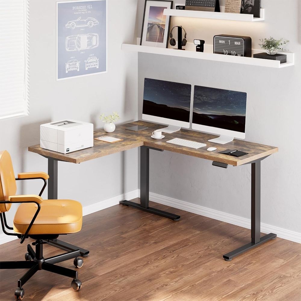 FLEXISPOT Electric Height Adjustable L-Shaped Standing Desk 63 x 55 Inch Reversible Corner with Memory Presets and Anti-Collision System Ergonomic Sit Stand Workstation for Home Office - Rustic Brown