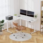 FLEXISPOT Electric Height Adjustable L-Shaped Standing Desk 63 x 55 Inch Reversible Corner with Memory Presets and Anti-Collision System Ergonomic Sit Stand Workstation for Home and Office - White