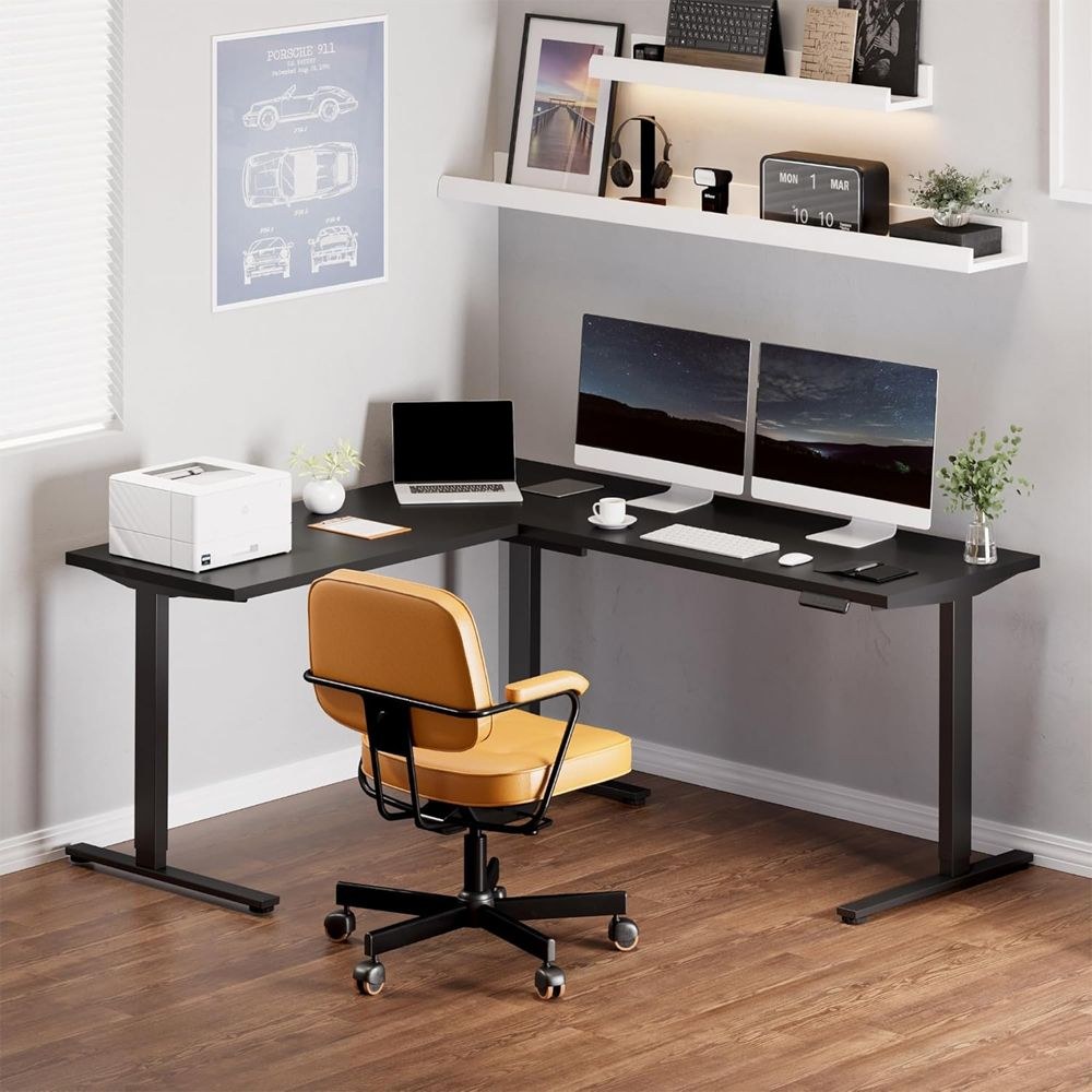 FLEXISPOT Electric Height Adjustable L-Shaped Standing Desk 71 x 63 Inch Reversible Corner with Memory Presets and Anti-Collision System Ergonomic Sit Stand Workstation for Home and Office - Black