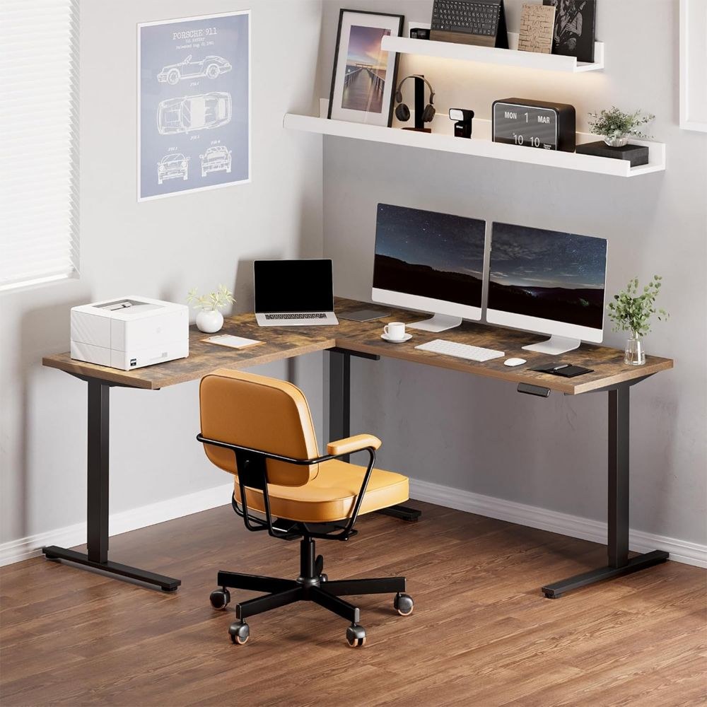 FLEXISPOT Electric Height Adjustable L-Shaped Standing Desk 71 x 63 Inch Reversible Corner with Memory Presets and Anti-Collision System Ergonomic Sit Stand Workstation for Home Office - Rustic Brown