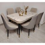 LHFHOMT-7-Pieces Dining Set, (Free Installation) 1 Piece Marble Top Rectangular Table With with 6 Upholstered Leather Chairs Modern Design Furniture for Home, Kitchen, Dining Room, Restaurant