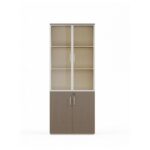 2-Door Glass Display Cabinet with Wooden Storage Base – Modern Multipurpose Storage Cupboard for Home & Office