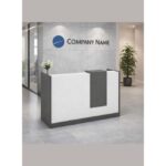 Nitzan Office Reception Desk with Storage Drawers & Cable Management – Wooden Front Counter Table with Mobile Pedestal – Grey & White (160x110x60 cm)