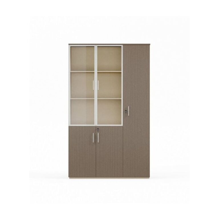 3-Door Glass Display Cabinet with Wooden Storage Base – Modern Multipurpose Storage Cupboard for Home & Office