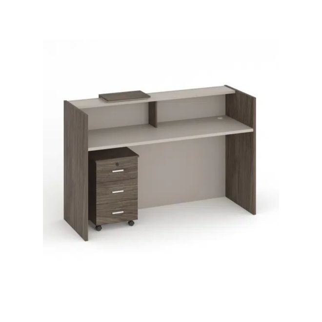 Nitzan Office Reception Desk with Storage Drawers & Cable Management – Wooden Front Counter Table with Mobile Pedestal – Brown & Khaki - Image 5