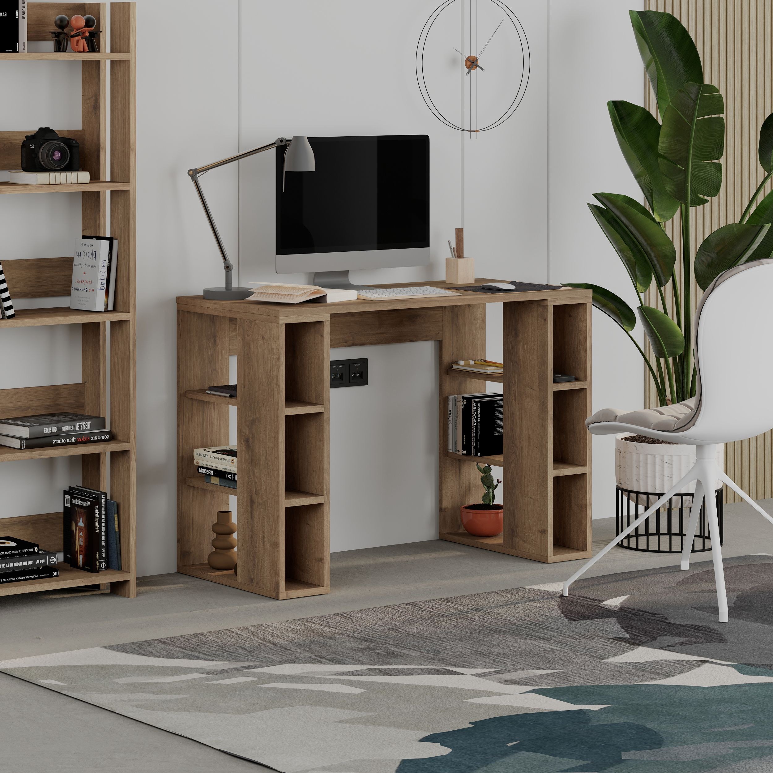 Colmar Modern Working Table With Storage, Space Saving Study Desk For Home Study Room Office, 6 Open Shelves Simple Design - 50 x 75 x 106 Cm - Brown - 2 Years Warranty