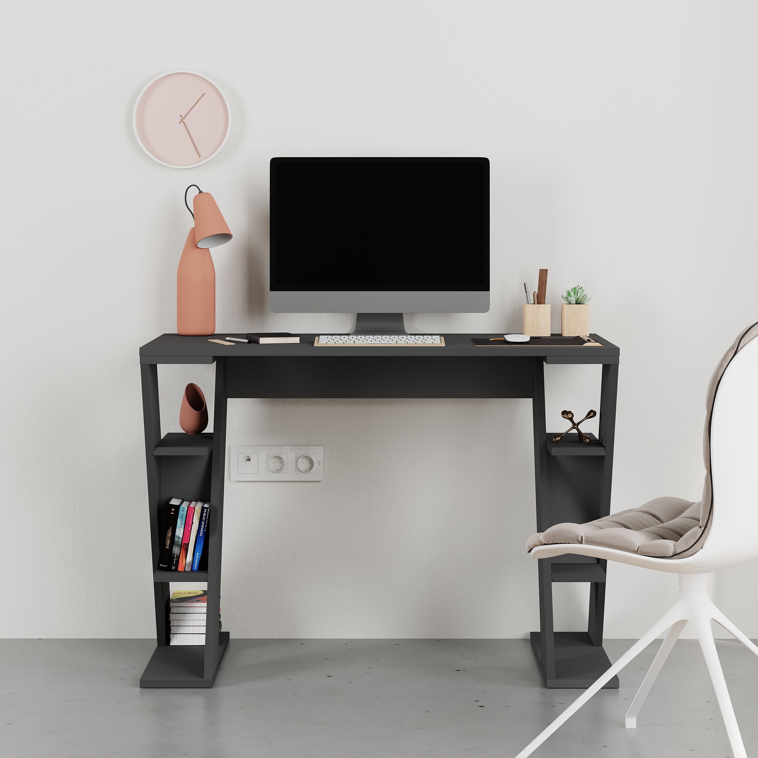 Papillon Modern Working Table With Storage Study Desk With Open Shelves For Office Home 50 x 75 x 106 Cm - Dark Grey - 2 Years Warranty - Image 2
