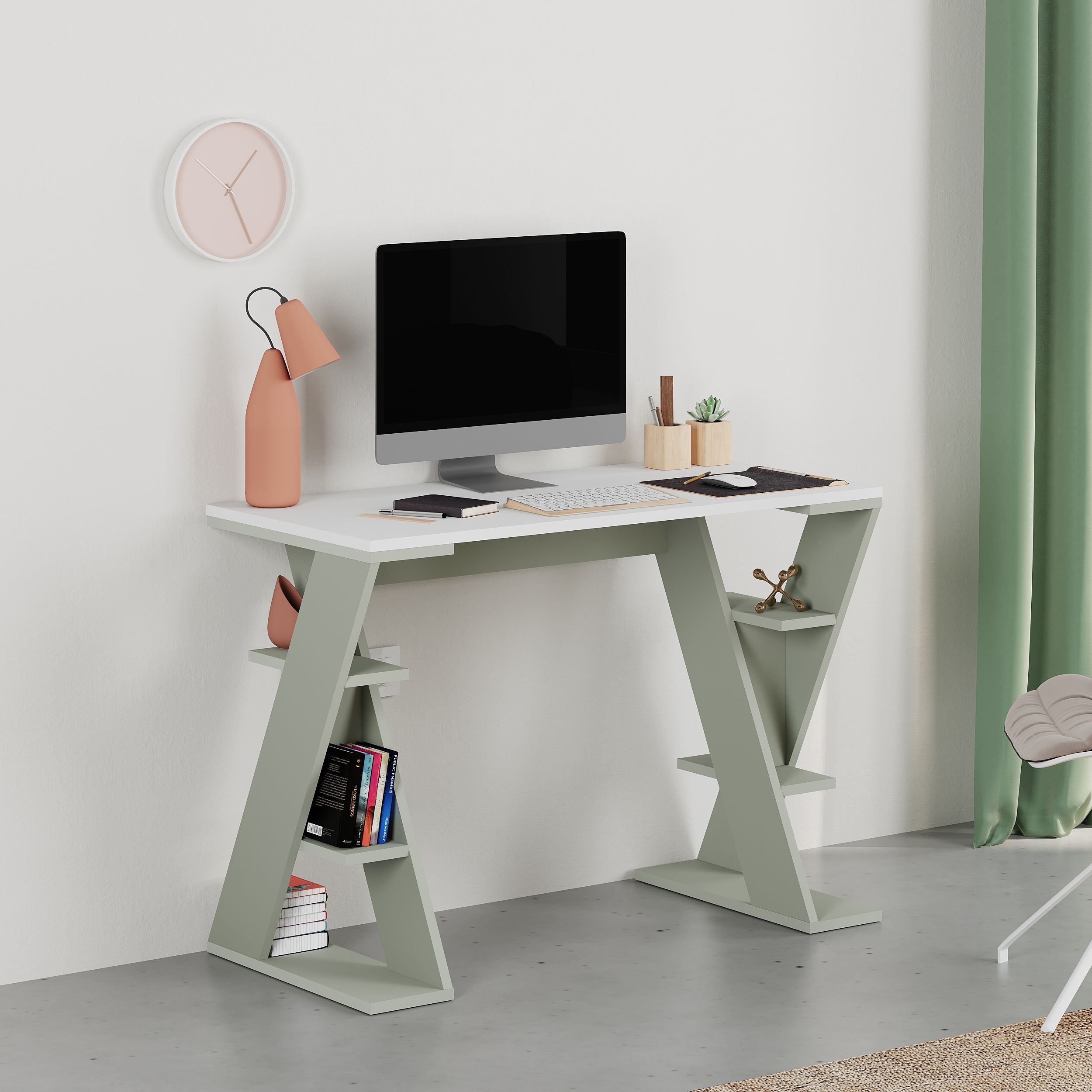 Papillon Modern Working Table With Storage Study Desk With Open Shelves For Office Home 50 x 75 x 106 Cm - Ash Green/ White - 2 Years Warranty