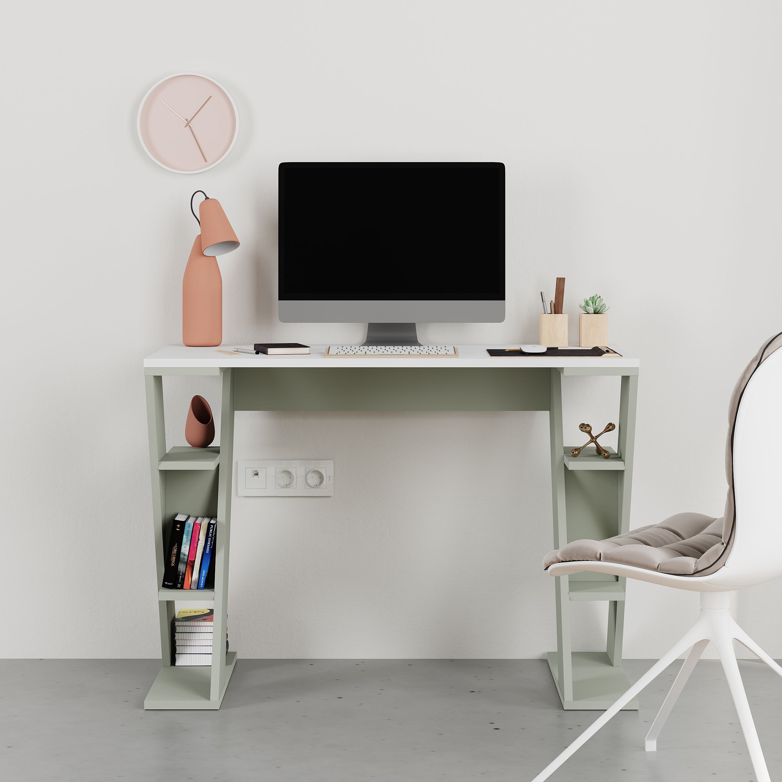 Papillon Modern Working Table With Storage Study Desk With Open Shelves For Office Home 50 x 75 x 106 Cm - Ash Green/ White - 2 Years Warranty - Image 2