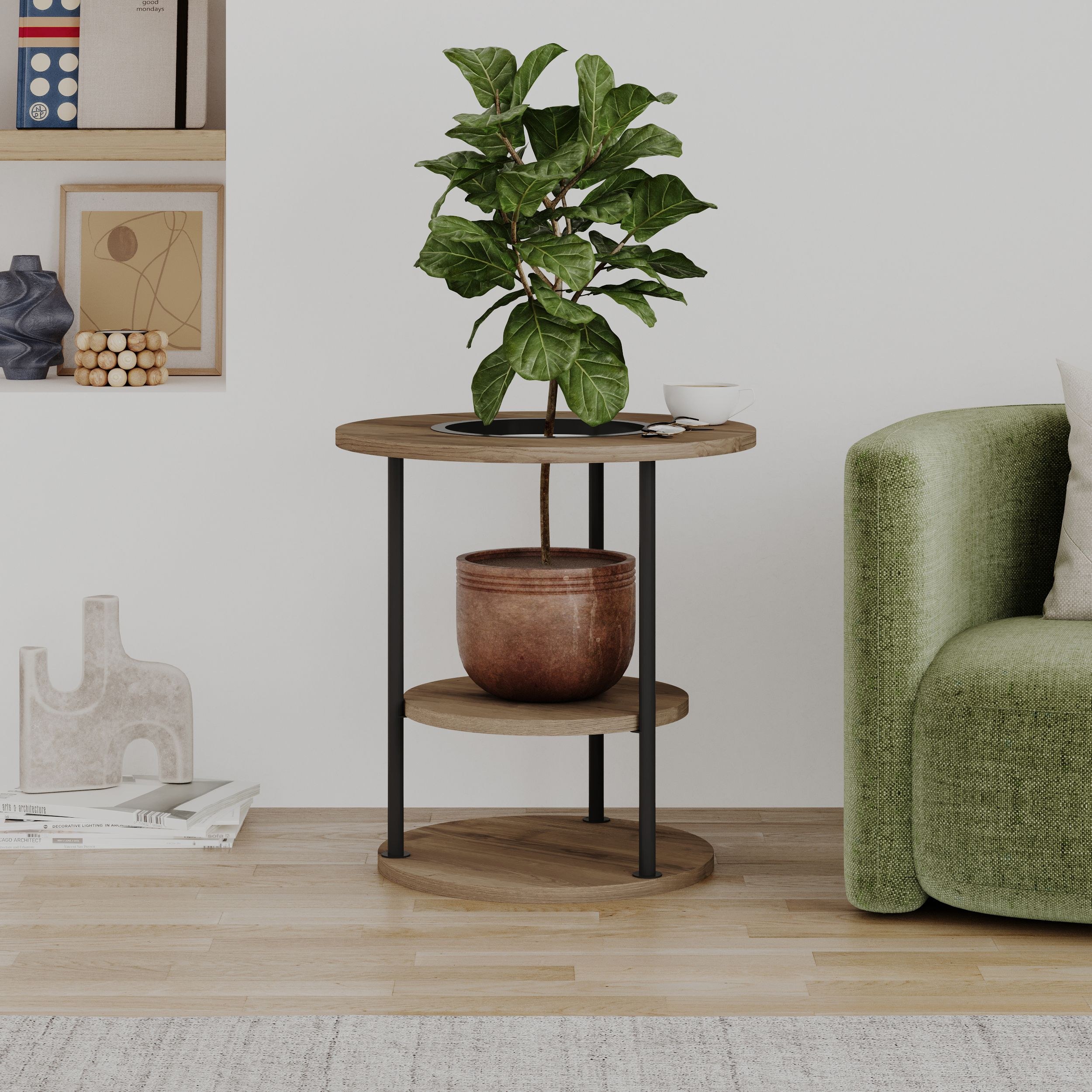 Grove Modern Round Plant Stand with Storage Shelf – Minimalist Indoor Side Table with Metal Legs & Display Rack for Living Room & Bedroom Décor- 50 x 52 x 50 CM- Brown- 2 Years Warranty