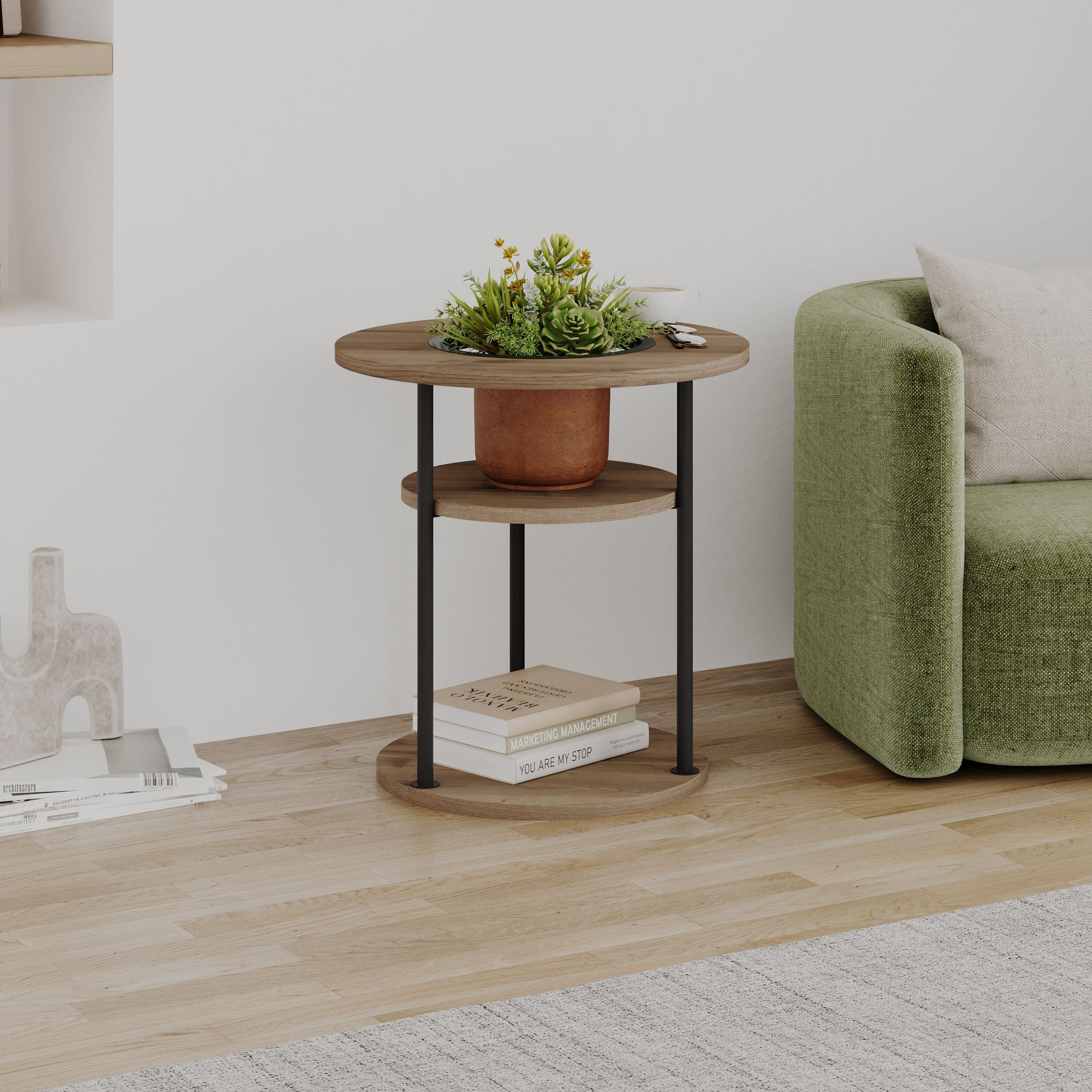 Grove Modern Round Plant Stand with Storage Shelf – Minimalist Indoor Side Table with Metal Legs & Display Rack for Living Room & Bedroom Décor- 50 x 52 x 50 CM- Brown- 2 Years Warranty - Image 2
