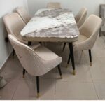 LHFHOMT-7-Pieces Dining Set, (Free Installation) 1 Piece Marble Top Rectangular Table With with 6 Upholstered Velvet Chairs Modern Design Furniture for Home, Kitchen, Dining Room, Restaurant