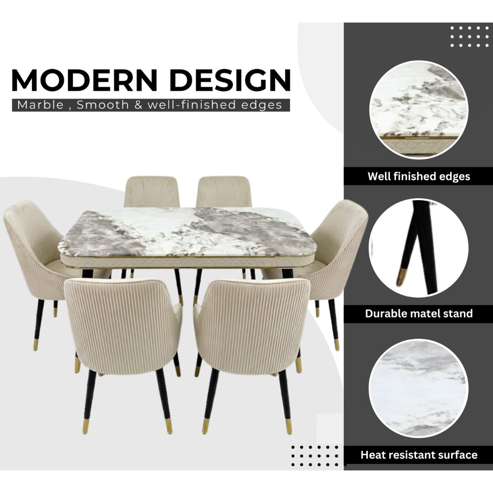 LHFHOMT-7-Pieces Dining Set, (Free Installation) 1 Piece Marble Top Rectangular Table With with 6 Upholstered Velvet Chairs Modern Design Furniture for Home, Kitchen, Dining Room, Restaurant - Image 2