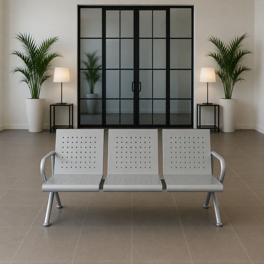 3-Seater Steel Waiting Area Sofa with PU Leather Cushions - Silver/Black - Image 2