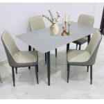 LHFHOMT 5-Piece Dining Table Set for 4 Person, 1 PC Modern Rectangular Marble-Look Ceramic Top Table With 4 Upholstered PU Leather Chairs for Kitchen, Dining Room, Cafeteria