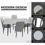 LHFHOMT 5-Piece Dining Table Set for 4 Person, 1 PC Modern Rectangular Marble-Look Ceramic Top Table With 4 Upholstered PU Leather Chairs for Kitchen, Dining Room, Cafeteria