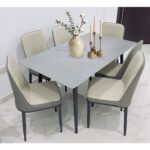 LHFHOMT 7-Piece Dining Table Set for 6 Person, 1 PC Modern Rectangular Marble-Look Ceramic Top Table With 6 Upholstered PU Leather Chairs for Kitchen, Dining Room, Cafeteria