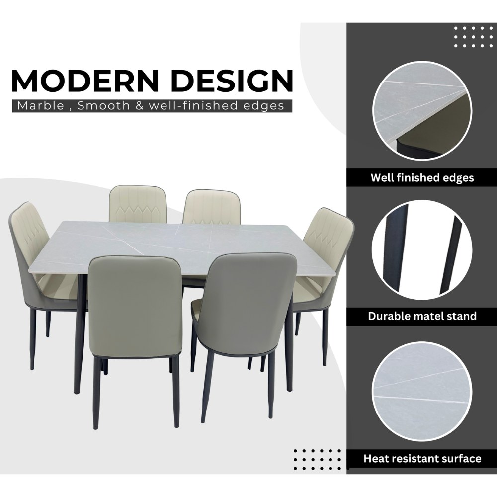 LHFHOMT 7-Piece Dining Table Set for 6 Person, 1 PC Modern Rectangular Marble-Look Ceramic Top Table With 6 Upholstered PU Leather Chairs for Kitchen, Dining Room, Cafeteria - Image 2