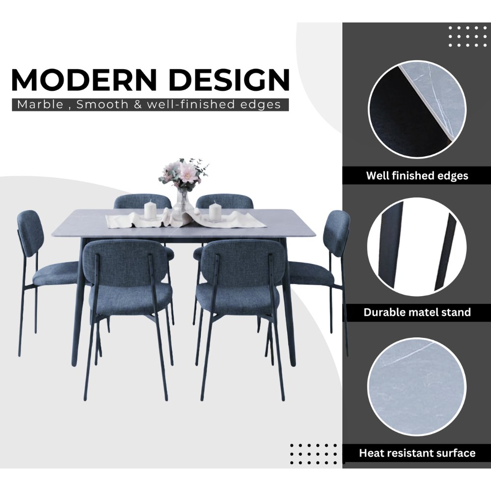LHFHOMT 7-Piece Dining Table Set for 6 Person, 1 PC Modern Rectangular Marble-Look Ceramic Top Table With 6 Upholstered Fabric Chairs for Kitchen, Dining Room, Cafeteria - Image 2