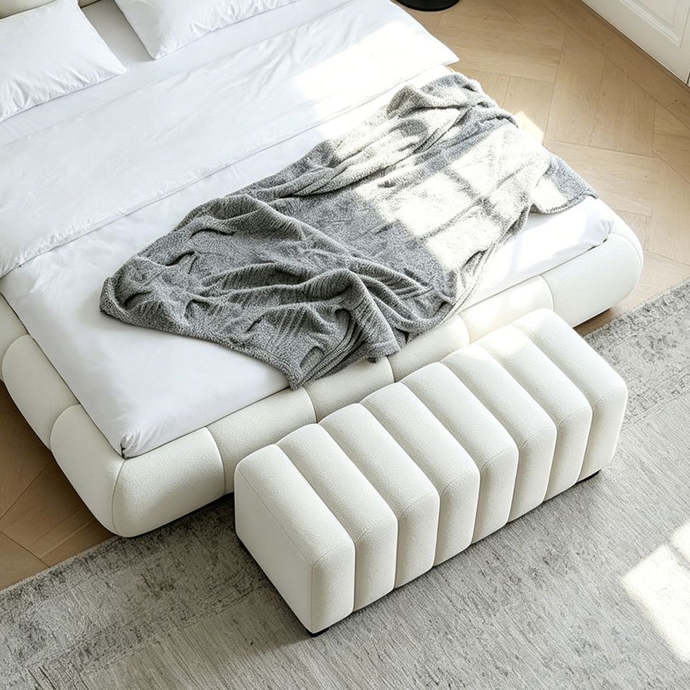 Maple Home Velvet Ottoman Bench,Vertical Stitch Upholstered Bench,Minimalist Bed End Bench,140cm,White - Image 3