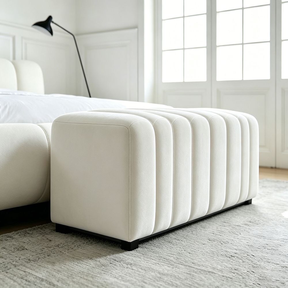 Maple Home Velvet Ottoman Bench,Vertical Stitch Upholstered Bench,Minimalist Bed End Bench,140cm,White - Image 2