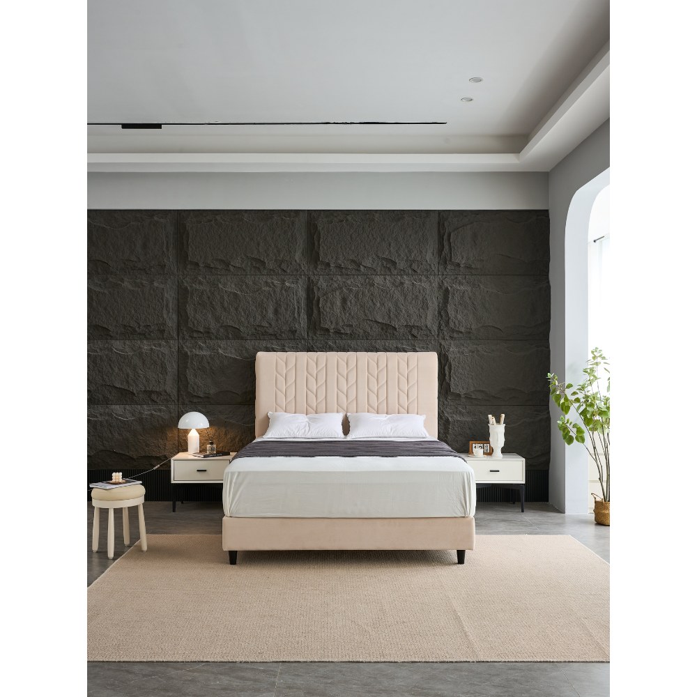 Panax Queen Size (160 x 200 cm) Bed Frame - Stylish & Comfortable | Velvet Upholstered Headboard | Wooden Slats | Light Beige - Image 2