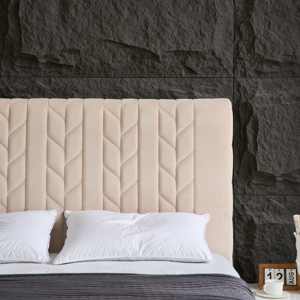Panax Queen Size (160 x 200 cm) Bed Frame - Stylish & Comfortable | Velvet Upholstered Headboard | Wooden Slats | Light Beige - Image 3