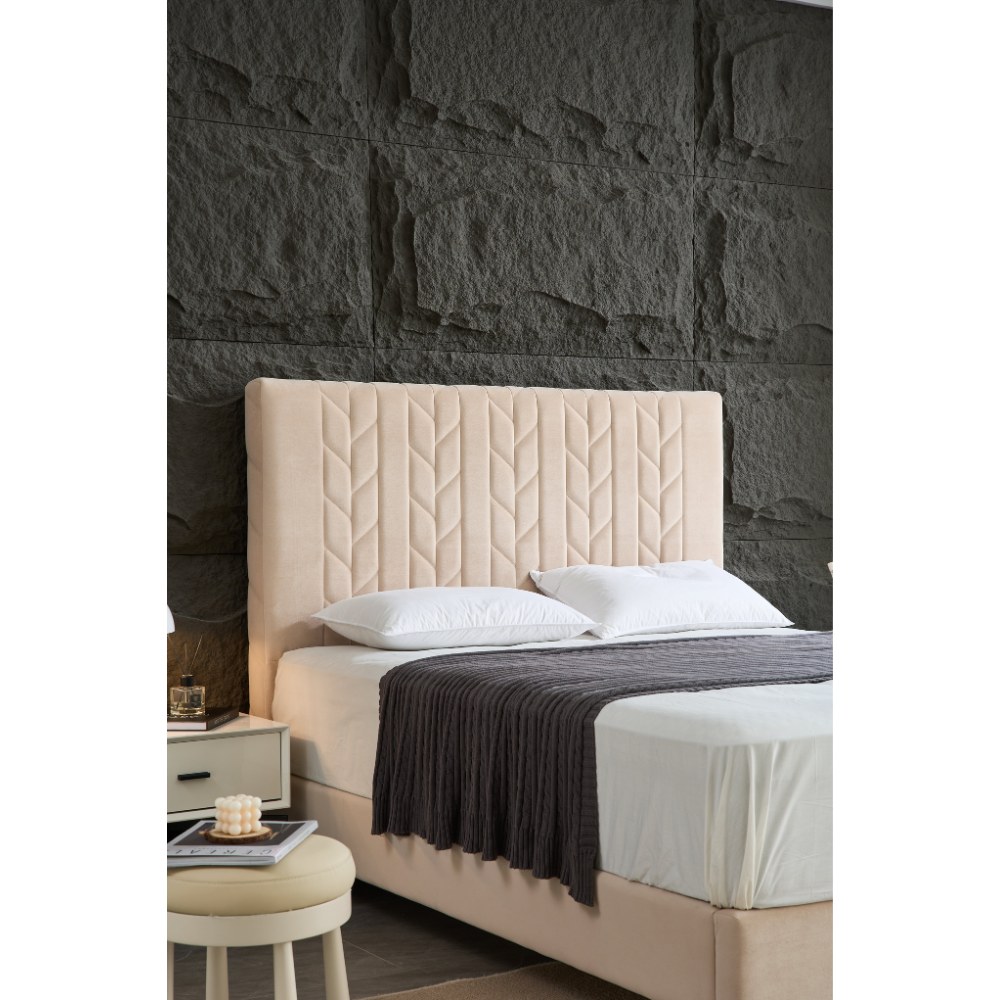 Panax Queen Size (160 x 200 cm) Bed Frame - Stylish & Comfortable | Velvet Upholstered Headboard | Wooden Slats | Light Beige - Image 5