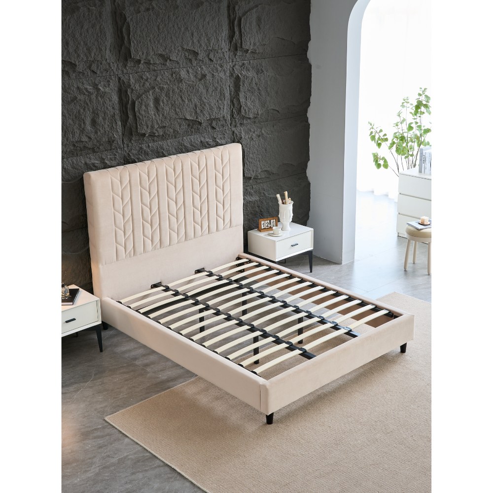Panax King Size (180 x 200 cm) Bed Frame - Stylish & Comfortable | Velvet Upholstered Headboard | Wooden Slats | Light Beige - Image 4