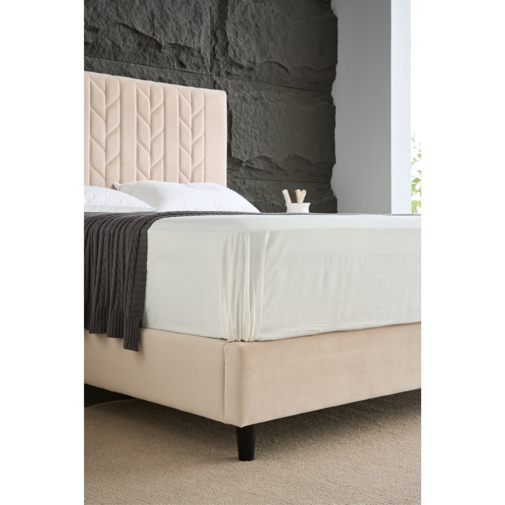 Panax Queen Size (160 x 200 cm) Bed Frame - Stylish & Comfortable | Velvet Upholstered Headboard | Wooden Slats | Light Beige - Image 4