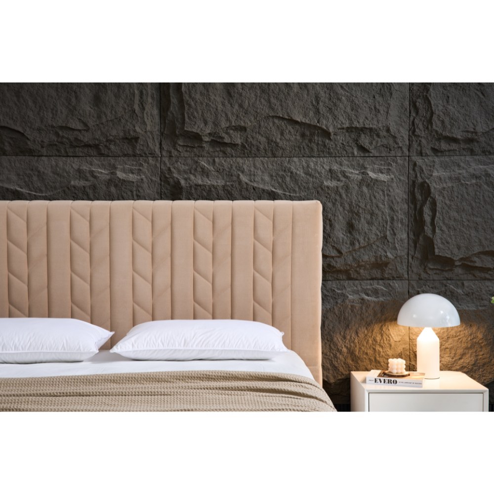 Panax King Size (180 x 200 cm) Bed Frame - Stylish & Comfortable | Velvet Upholstered Headboard | Wooden Slats | Beige - Image 2