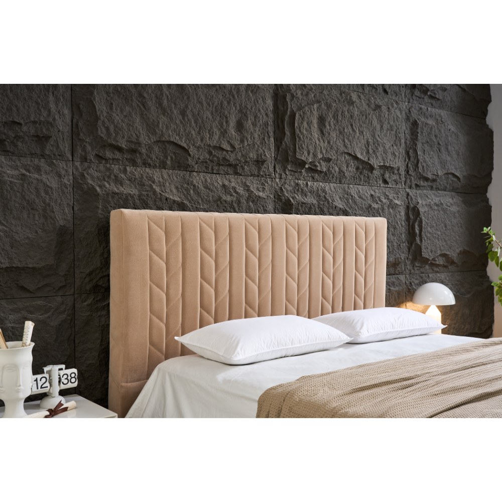 Panax King Size (180 x 200 cm) Bed Frame - Stylish & Comfortable | Velvet Upholstered Headboard | Wooden Slats | Beige - Image 3
