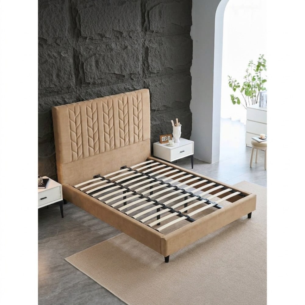 Panax King Size (180 x 200 cm) Bed Frame - Stylish & Comfortable | Velvet Upholstered Headboard | Wooden Slats | Beige - Image 4