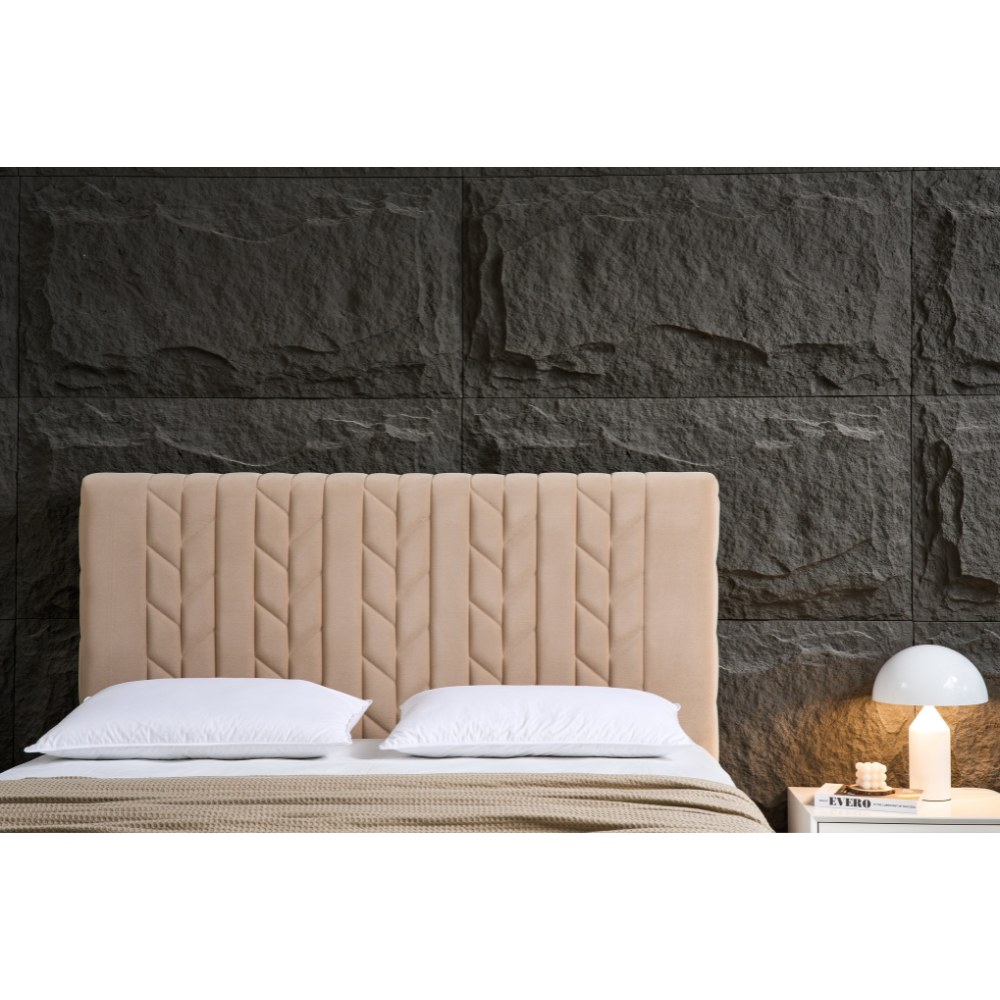 Panax King Size (180 x 200 cm) Bed Frame - Stylish & Comfortable | Velvet Upholstered Headboard | Wooden Slats | Beige - Image 5