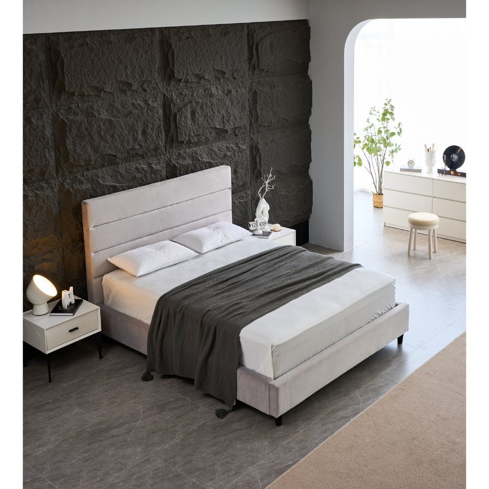 Panax King Size (180 x 200 cm) Bed Frame - Stylish Velvet Upholstered Headboard | Sturdy, Noise-Free Design | Wooden Slats for Superior Support | No Box Spring Required | Quick and Easy Assembly | Grey - Image 3