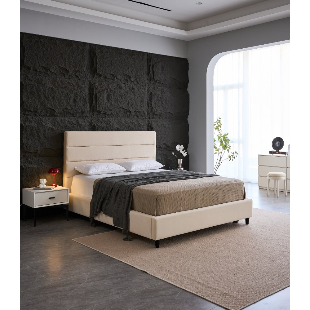 Panax King Size Bed Frame - Stylish Velvet Upholstered Headboard | Sturdy, Noise-Free Design | Wooden Slats for Superior Support | No Box Spring Required | Quick and Easy Assembly | Beige (King 180 x 200 cm) - Image 2