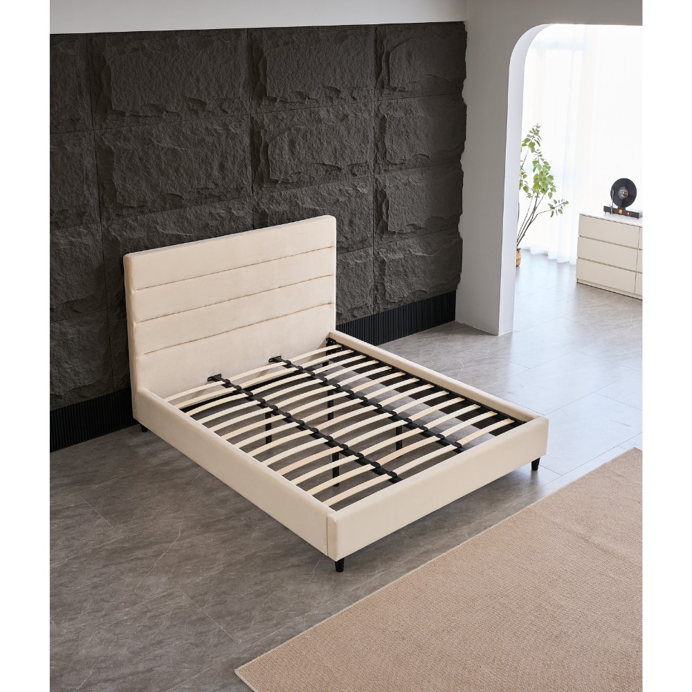 Panax King Size Bed Frame - Stylish Velvet Upholstered Headboard | Sturdy, Noise-Free Design | Wooden Slats for Superior Support | No Box Spring Required | Quick and Easy Assembly | Beige (King 180 x 200 cm) - Image 3