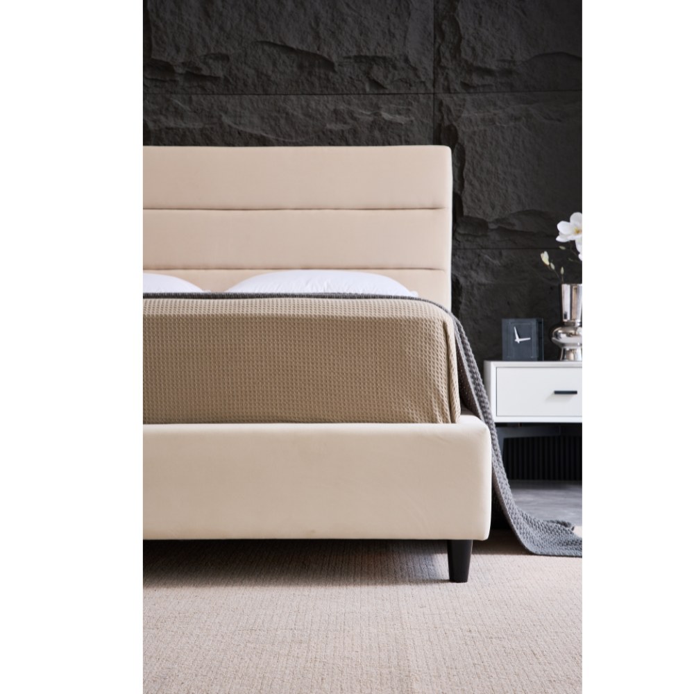 Panax King Size Bed Frame - Stylish Velvet Upholstered Headboard | Sturdy, Noise-Free Design | Wooden Slats for Superior Support | No Box Spring Required | Quick and Easy Assembly | Beige (King 180 x 200 cm) - Image 4