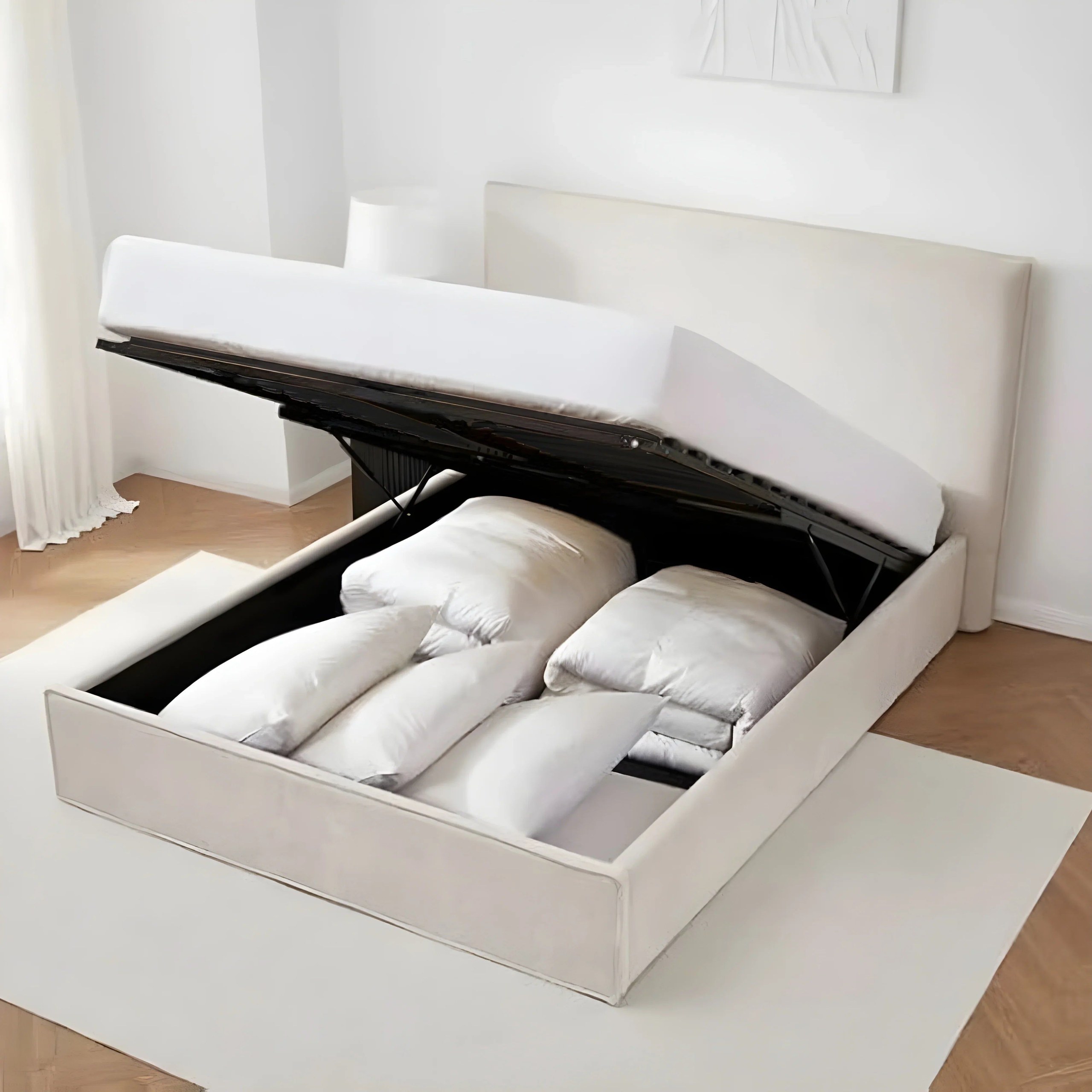 Wooden Twist Dnbeu Hydraulic Storage Bed In Soft Fabric ( Beige ) - Image 2