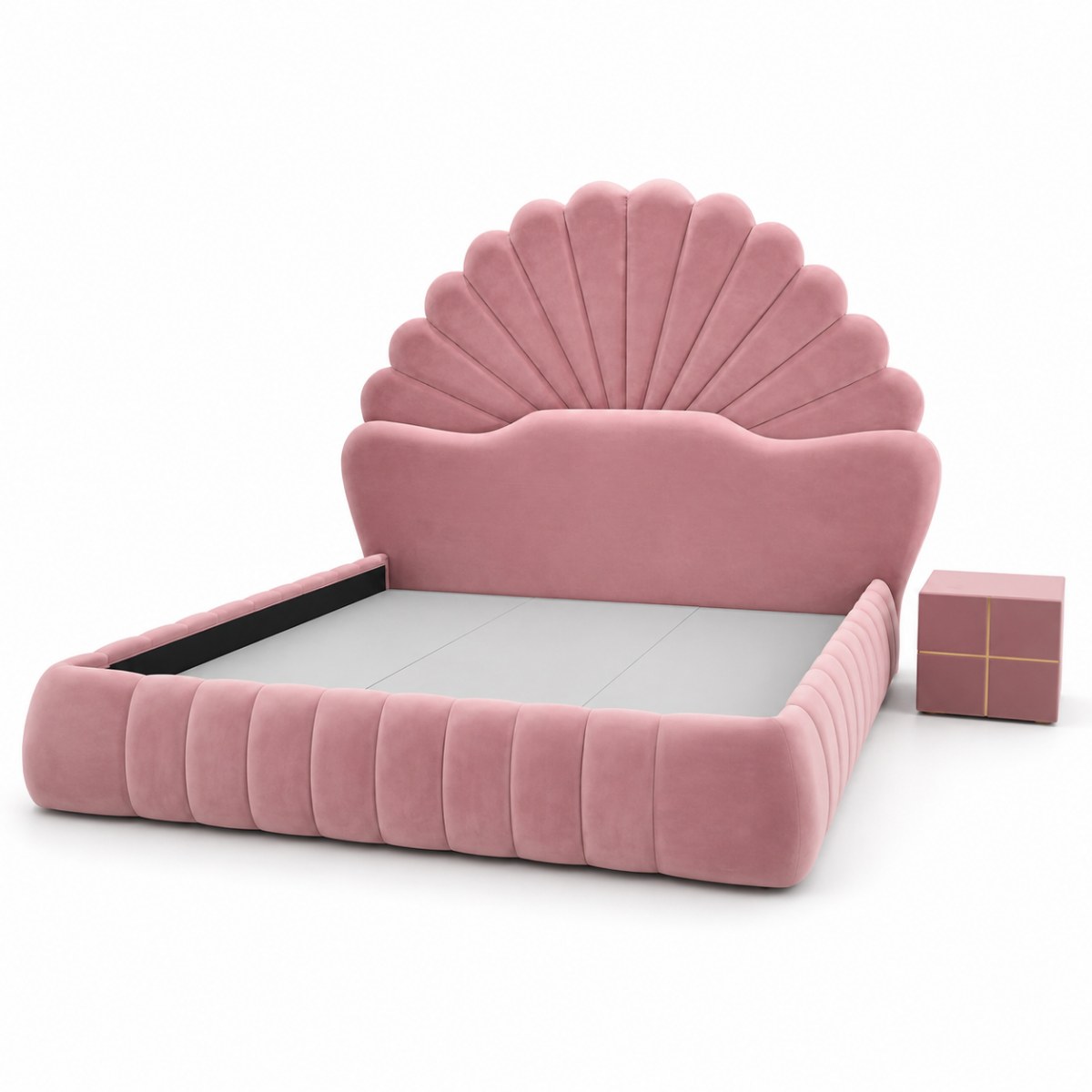 Wooden Twist Amara Shell Luxe Pink Velvet Upholstered Bed with Scallop Headboard Design - Image 3