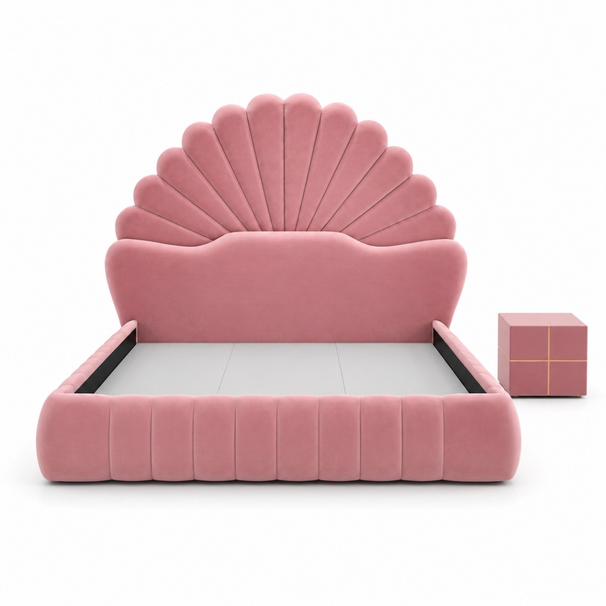 Wooden Twist Amara Shell Luxe Pink Velvet Upholstered Bed with Scallop Headboard Design - Image 4