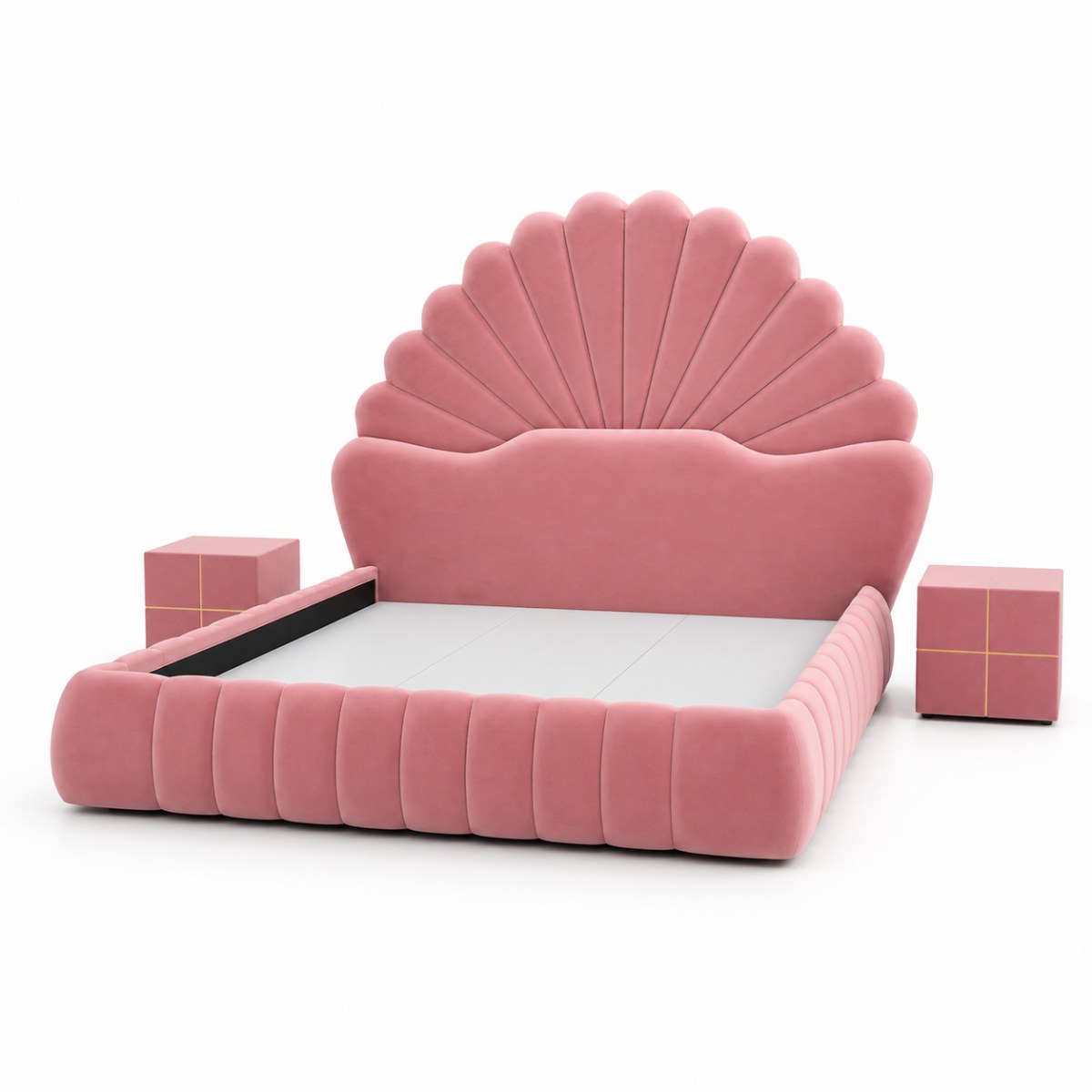 Wooden Twist Amara Shell Luxe Pink Velvet Upholstered Bed with Scallop Headboard Design - Image 5