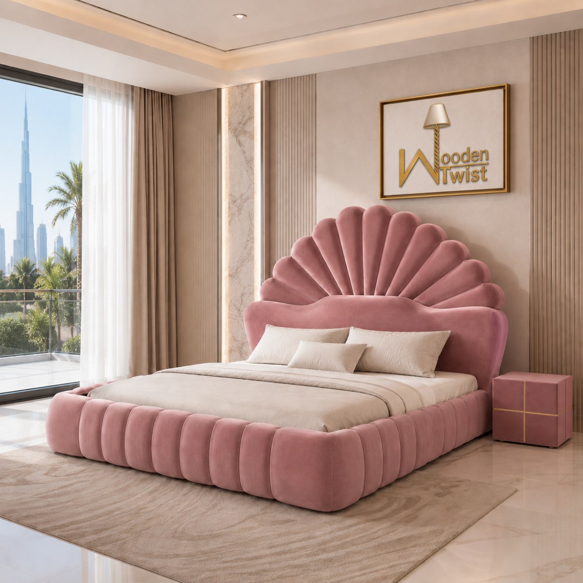 Wooden Twist Amara Shell Luxe Pink Velvet Upholstered Bed with Scallop Headboard Design