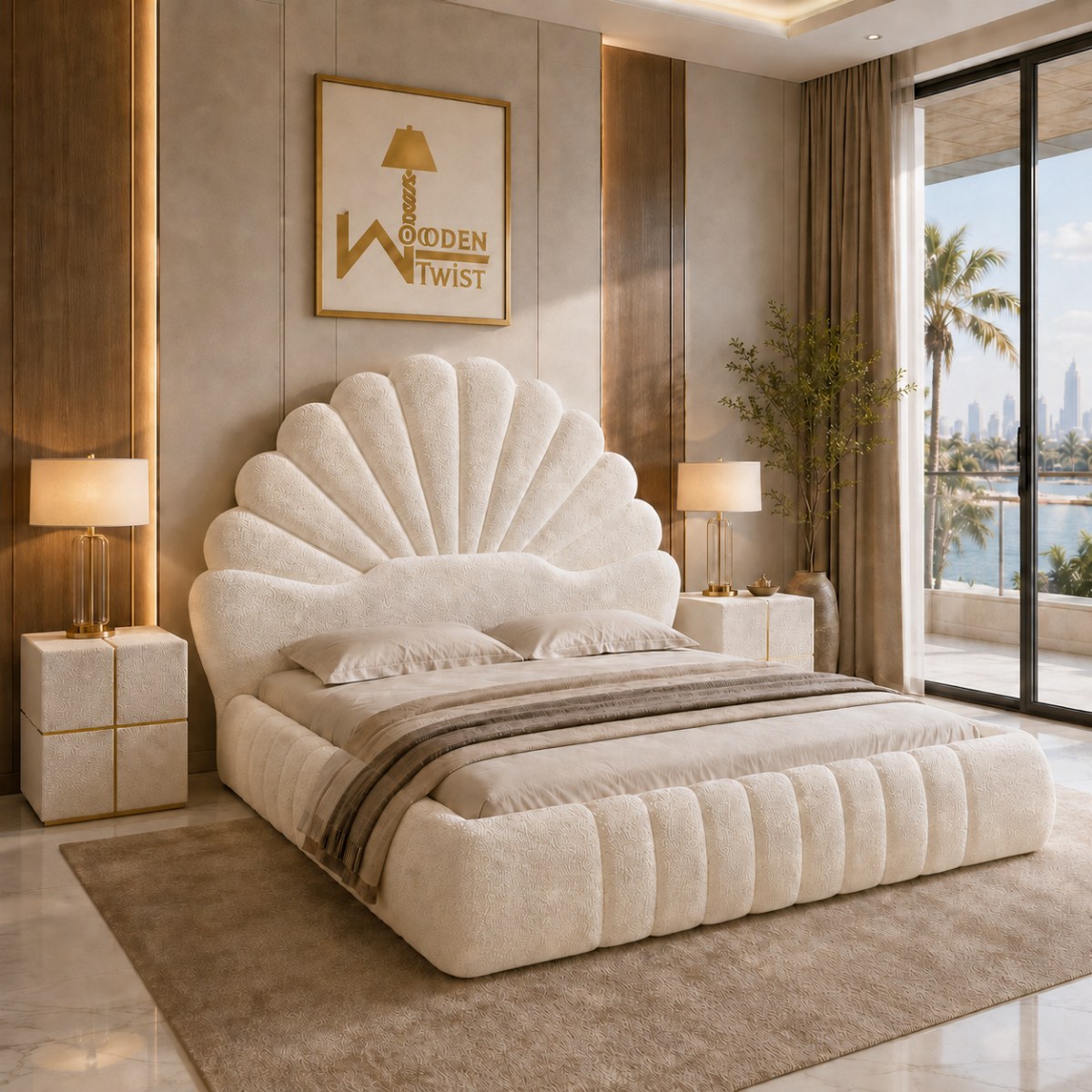 Wooden Twist Amara Shell Luxe Off White Boucle Upholstered Bed with Scallop Headboard Design