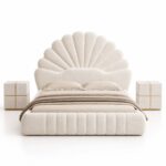 Wooden Twist Amara Shell Luxe Off White Boucle Upholstered Bed with Scallop Headboard Design