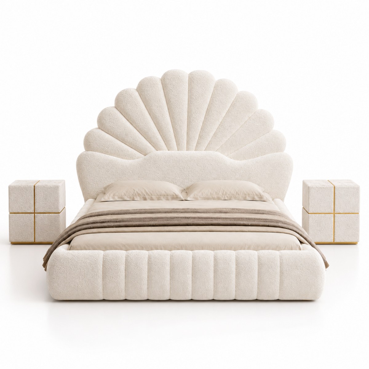 Wooden Twist Amara Shell Luxe Off White Boucle Upholstered Bed with Scallop Headboard Design - Image 4