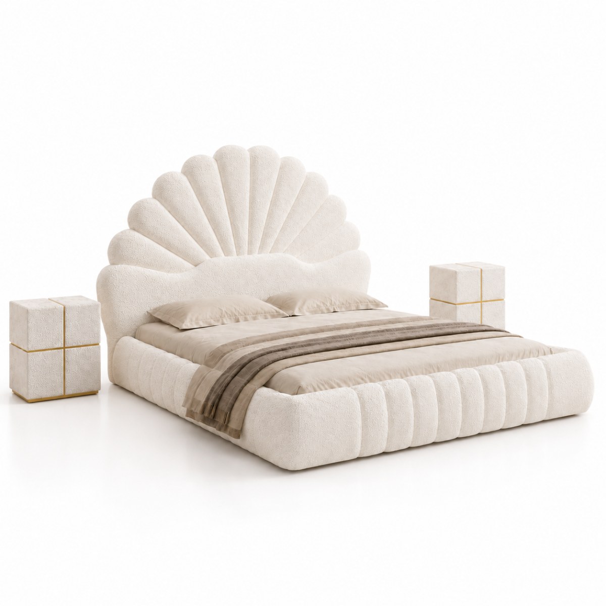 Wooden Twist Amara Shell Luxe Off White Boucle Upholstered Bed with Scallop Headboard Design - Image 3