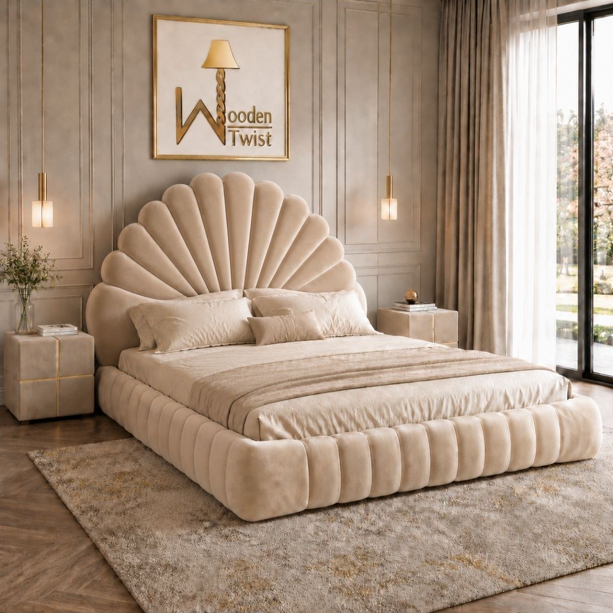 Wooden Twist Amara Shell Luxe Beige Velvet Upholstered Bed with Scallop Headboard Design
